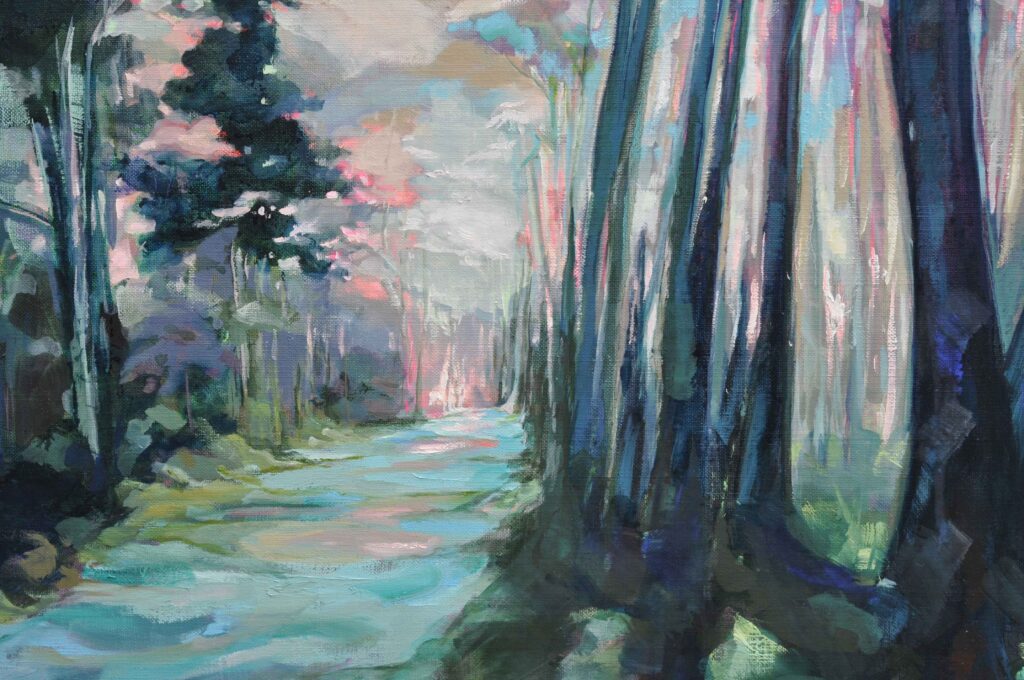 Au bout du chemin huile sur toile 980 80 cm Copyright clothilde Lasserre Foret nature coucher de soleil